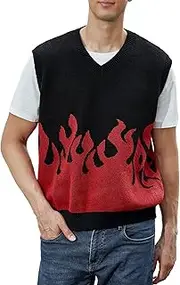 [ZAFUL] Men's Oversized Flame Sweater Vest Unisex Color Block V Neck Sleeveless Streetwear Casual Sweater Pullover Top