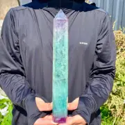 1.68LB Natural Rainbow Fluorite Obelisk Quartz Crystal Wand Tower Point Healing