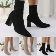 Versatile Short Boots Pointed Toe Thick Heels High Heels Knitted Elastic New