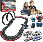 AGM MASTECH Slot Car Race Track Set, High Speed Series Tram Dual Track Set with 4 Licensed Racing Slot Cars, 2 Hand Controls, Track Parts and Lap Counter