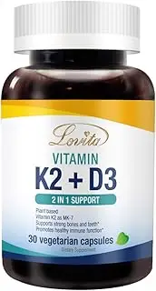Lovita Vitamin K2 + D3, 400 IU Vegan Vitamin D3 & 120 mcg Vitamin K2 (MK-7), 2 in 1 Formula, Immune Vitamin Complex, Supports Your Heart, Teeth and Immune Function, 30 Vegetarian Capsules