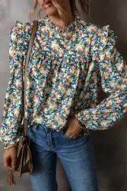 I AM A FASHION JUNKY Sky Blue Floral Print Frilled Mock Neck Puff Sleeve Blouse