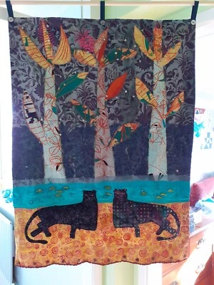 Decorative textile art hanging OOAK hand made with embroidery lace and beads