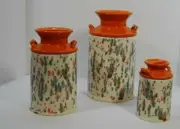 Studio Art Pottery 6 Piece Canister Set Drip Glaze White/Orange Stoneware Signed
