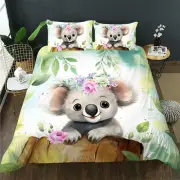 Duvet Cover Set Twin Size, Cute Sloth with Flower Bedding Set for Kids Boys