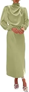 [BTFBM] Women's Mock Neck Satin Dress Elegant Long Sleeve Elastic High Waist Formal Wedding Cocktail Party Maxi Dresses