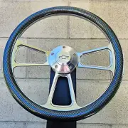 14" Billet Steering Wheel Tri Spoke Carbon Fiber Half Wrap w/ Chevy Bowtie Horn