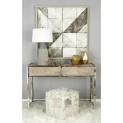Litton Lane 17 in. White Handmade Leather Stool with Silver Foil Paint