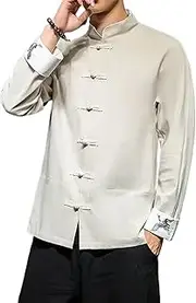 [Aoleaky] Men's Chinese Hanfu Shirt Men's Top Tang Suit Linen Solid Color Traditional Kung Fu Shirt Men's Cotton Kimono Shirt