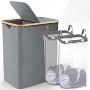 150L Laundry Hamper with Lid-Large Laundry Basket with Bamboo Handles, Grey Hampers for Laundry, Dirty Clothes Hamper with 2 Removable Inner Bags for Clothes Toys Towels (Grey)