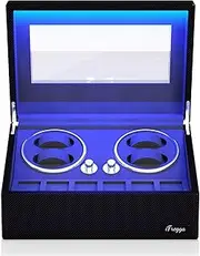 [iFregga] Watch Winder, 4 Mabuchi Automatic Watch Winders + 6 Extra Storage with Serenity Blue Backlight, Leather Shell Soft Velvet Lining Box, Open Lid Stop Tech and 4 Rotation Modes