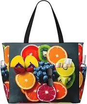 [Ghjkfbf] Fruit Rainbow Print Large Capacity Beach Travel Bag For Family, Beach Tote Bag For Women With Zipper Pockets, Black, One Size