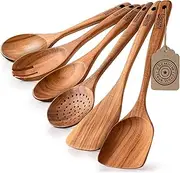 Luxury Teak Wood Utensil Set - Elegant 6-Piece Cooking Ensemble Including Spoons, Server, Scraper & Spatula - Expertly Crafted for Culinary Excellence