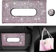 Dyshuai Sparkling Bling Car Visor Tissue Holder Mask Holder Tissue Box PU Leather Crystals Tissue Case for Women Gilrs with Glitter Hook Clip Bling Car Accessories (Black with Pink Diamond)