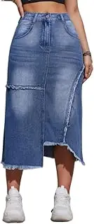[CaniBtr] Women's Casual Slit Denim Midi Jean Skirt Stretch High Waisted Button Up Frayed with Pockets, 2985blue, Large