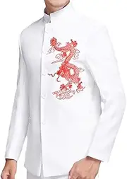 [Generic] Dragon Embroidery Men Tunic Suit Jacket Stand Collar Single Breasted Wedding Coat Mens White Tang Jacket