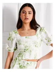 [Tokito] Co-Ord European Linen Blend Print Top in Green