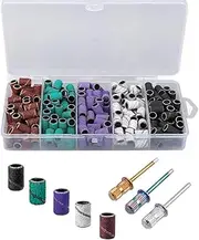 Yakamoz 250Pcs Sanding Bands for Drill Nail, 5 Colors Sanding Bands #80#120#180#240 with 3 Mandrel Bits for Acrylic Nails Manicures Pedicures