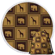 African Tiles Elephants and Giraffes Round Beach Towel