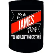 Alcohol Stubby Holder - James Thing Surname - Funny Novelty Birthday Gift Joke Beer Can Bottle
