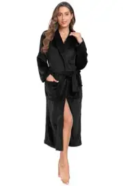Womens Plush Soft Robe Warm Fleece Shawl Collar Bathrobe Fluffy Long Spa Robe...