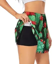 [GaxfjRu] Many Small Cactus Art Print Women's Running Shorts High Waisted Running Shorts Pocket Sporty Gym Elastic Short, Black, XL