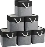 FinishingBo Fabric Cubes Storage Basket, 6 Pack 11x11 in with Handles Foldable Cube Storage Bins, for Shelves, Home, Office, Nursery Organizers (Black/ Gray)