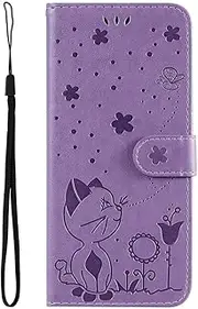SATURCASE Case for Samsung Galaxy S10e, Cat Bee Embossing PU Leather Flip Magnet Wallet Stand Card Slots Protective Cover with Hand Strap for Samsung Galaxy S10e (Purple)