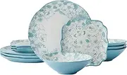 [Pfaltzgraff] Garden Blossom Floral 12 Piece Plate Bowl Dinnerware Set, Blue
