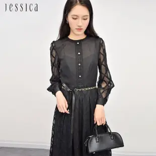 【JESSICA】顯瘦菱格紋蕾絲網紗透膚長袖洋裝233377