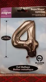 NEW Anagram Super Shape 34" Tall Foil Balloon Silve Number 4 Birthday Photo Prop