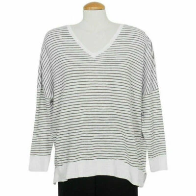 EILEEN FISHER White Green Organic Linen Cotton Stripe Sweater Box Top L