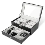 12 Grids Jewelry Case Storage Watch Box Leather Display Organizer Glass Top Gift