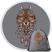 Unique Red and Yellow Native American Wolf Round Beach Towel