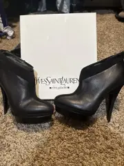 YSL Yves St Laurent Womans 8 Platform Leather Ankle Boots Stiletto Heel Black