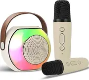 Koolcover Mini Karaoke Machine for Kids Adults, Portable Bluetooth Speaker with 2 Wireless Microphones(Beige)
