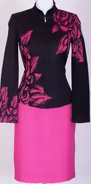 ST.JOHN Women Knit Black Pink Flowers Rose Zip Jacket & NWT Pink Skirt Sz 2-4