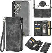 [Asuwish] Mobile Phone Case for Samsung Galaxy S24 Ultra 5G Case with Strap Film Screen Protector Card Slot Foldable Leather Flowers Wallet Stand S24Ultra 24S S 24 24Ultra Cases Protective Phone Case