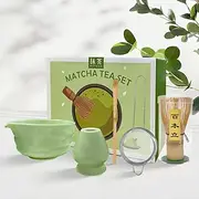 5 in 1 Japanese Matcha Set, Matcha Bowl with Spout, Matcha Whisk Holder, Bamboo Matcha Whisk and Bamboo Scoop, 16 oz Mottled Tea Green Glaze Ceramic Matcha Kit for Tea Lovers (Green)