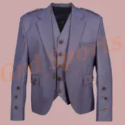 Traditional Men Gray Tweed Wool Argyle Kilt Jacket with Waistcoat / Vest