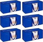 6 Pack Extra Large Moving Bags with Zippers & Carrying Handles, Heavy-Duty Storage Tote Moving Boxes for Space Saving, Fold Flat(Blue)