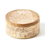 Pilbeam Living Flora Round 13.5cm Mango Wood Trinket Box Decor Natural/White