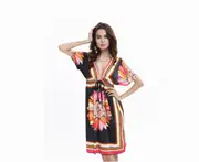 Women'S Deep V-Neck Bohemian Floral Print Beach Dress - Black