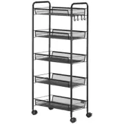 Black Metal 5-Tier Kitchen Cart on Wheels with Removable Mesh Baskets for Living