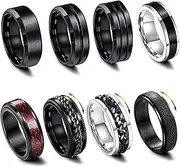 [Hernin] 8 Piece Stainless Steel Fidget Ring Spinner Ring, Men's Stainless Steel Spinner Rings, Stainless Steel Spinner Ring Set for Men Women, Cool Black Rings for Men, Men's Rings Set