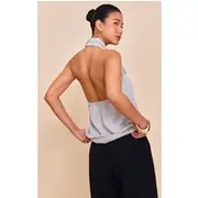Grey Linen Blend Cowl Neck Backless Long Top, Grey