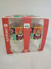 1992 Tumblers 4 Christmas Luminarc 16oz NOS Candy Canes Trees Snowmen Patchwork
