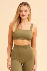 Green Nico Seamless Rib Straight Neck Crop Top - Size XS, Women's Bra/crop Top