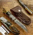 IMPACT CUTLERY RARE CUSTOM DAMASCUS FOLDING POCKET KNIFE STAG ANTLER