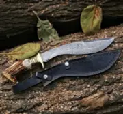 Premium Handmade Damascus Kukri Knife – Heavy Duty Blade with Leather Sheath for